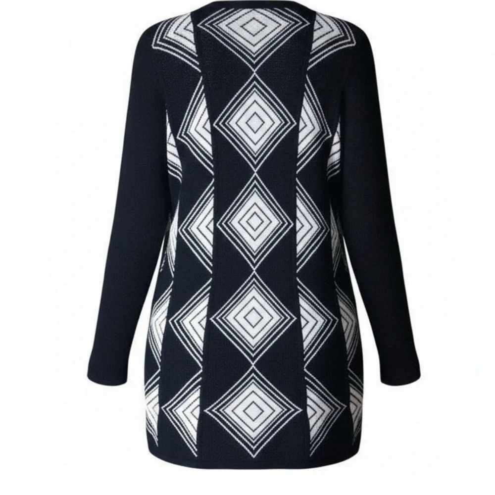 NIC + ZOE Geometric Diamond Knit Open Front Cardigan Sweater Black White Medium